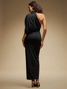 Hauture Mock Neck One Shoulder Draped Sleeve Maxi Dress - Black - View 6