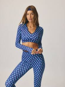 Aralina Áo croptop tay dài co giãn, cạp cao, dáng ôm, họa tiết chấm bi, bộ đồ hè phối hợp cho nữ, set hai mảnh. - Màu xanh hải quân - Xem 9