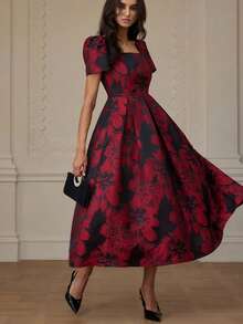 Revavyn Robe à manches courtes jacquard à taille cintrée, design mode et décontracté pour le travail et les déplacements - Multicolore - Voir 5