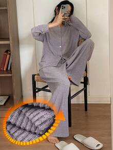 DAZY Ensemble de pyjama en tricot moelleux multicolore avec boutons décoratifs, automne/hiver pour femmes - Prune - Voir 3