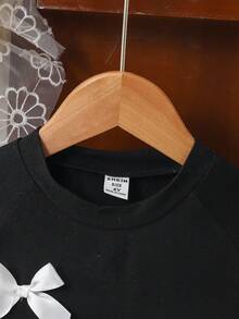 Conjunto de Top de Manga Curta Raglan com Laço 3D Elegante e Fofo e Calça Flare com Estampa de Laço, Preto e Branco, Adequado para Uso Diário, Férias, Primavera e Verão - Meninas Jovens - Preto e Branco - Visão 7