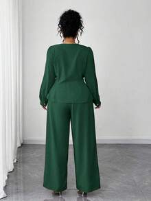 Elenzga Plus Size Elegant Women's Dark Green 2 Pieces Set,Formal Autumn V-Neck Gold Button Long Sleeve Blazer And Pants Suit For Wedding,Gala,Party & Office - Dark Green - View 2