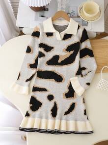 Tween Girls' Fashionable Collared Long Sleeve Sweater Dress - Beige - View 1