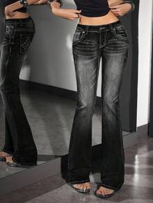 SHEIN Unity 女士复古刺绣超低腰喇叭牛仔裤 - 黑色 - 查看 4