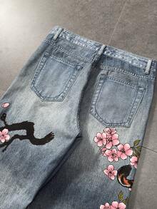 ROMWE MEN Anime Spring/Summer Casual Graphic Men'S Floral & Tiger Print Pocket Loose Wide Leg Casual Jeans - Blue - View 6