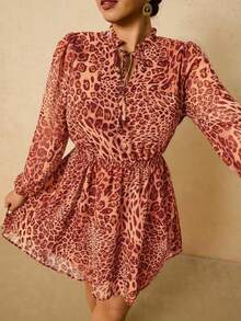 Travachic Đầm dài tay bằng vải chiffon họa tiết da báo cỡ lớn dành cho nữ, cổ chữ V, thắt eo, dáng chữ A, thích hợp mặc nhiều lớp vào mùa thu/đông. - trái cam - Xem 3
