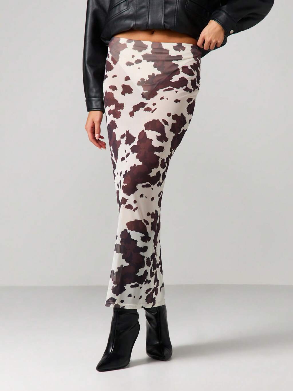 MISSGUIDED Gonna midi aderente in rete con stampa mucca