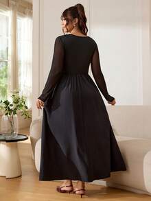 SHEIN EZwear Plus Size Black Autumn Elegant Formal Dinner Evening Dress,Swan Collar Chest Ruching Asymmetric Hem Comfortable Slim Fit Flattering Waist Party Gown - Black - View 2