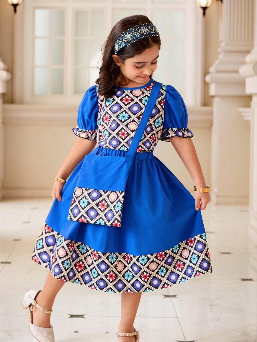 Young Girls Middle Eastern Style Blue Floral Print T-Shirt & Skirt 2-Piece Set With Matching Crossbody Bag,Summer Family Matching Modest Folk Dress - Blue - View 1