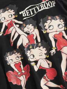 Betty Boop | ROMWE Áo thun dáng rộng cỡ lớn in hình người theo phong cách cổ điển - Đỏ - Xem 4
