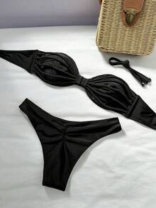 Swim Vcay 2件套纯色绳饰抹胸比基尼上衣和高衩泳裤性感泳装套装，春夏女士泳衣黑色比基尼套装全包臀黑色比基尼套装系带比基尼套装蝴蝶结比基尼保守比基尼套装 - 黑色 - 查看 1