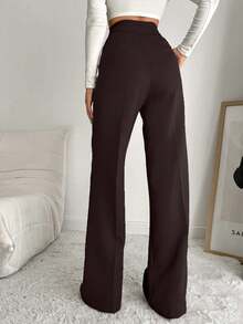 EURMUSE Women's Solid Color High Waist Toothpick Stripe Design Pocket Casual/Work Pants - Brown - View 2