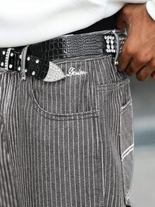 Manfinity Hypemode 男士休闲竖条纹多口袋灰色牛仔裤，街头时尚 - 灰色 - 查看 7