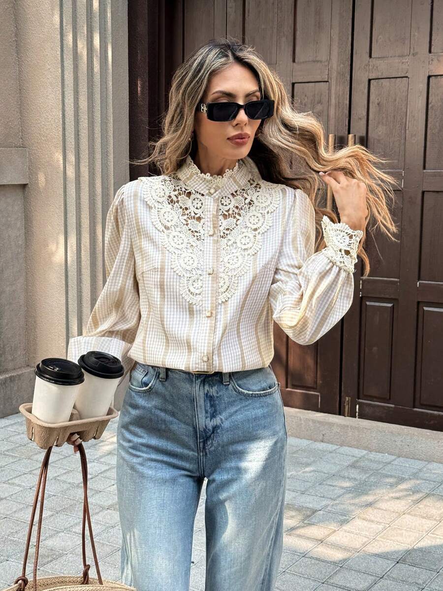 SHEIN PariChic Elegant Lace-Embellished Stand Collar Blouse, Plaid Long-Sleeve Victorian-Inspired Top, Exquisitely Crafted Crochet Lace At Neckline & Cuffs, Artistic Retro Long-Sleeve Shirt Lace Blouse Lace Shirts Western Blouse Western Tops Eyelet Blouse Cream Blouse White Blouse Elegant - Multicolor - View 1