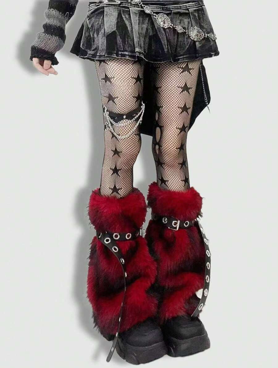 ROMWE Grunge Punk 1雙毛茸茸時尚加厚腿套 + 2條皮革腿帶 熱辣女孩組合套裝 女款保暖腿套 - 黑紅色 - 查看 1
