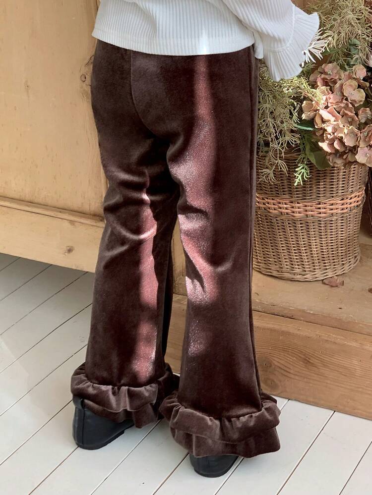 Young Girls Velvet Korean Style Casual Flared Ruffle Hem Pants, Autumn/Winter