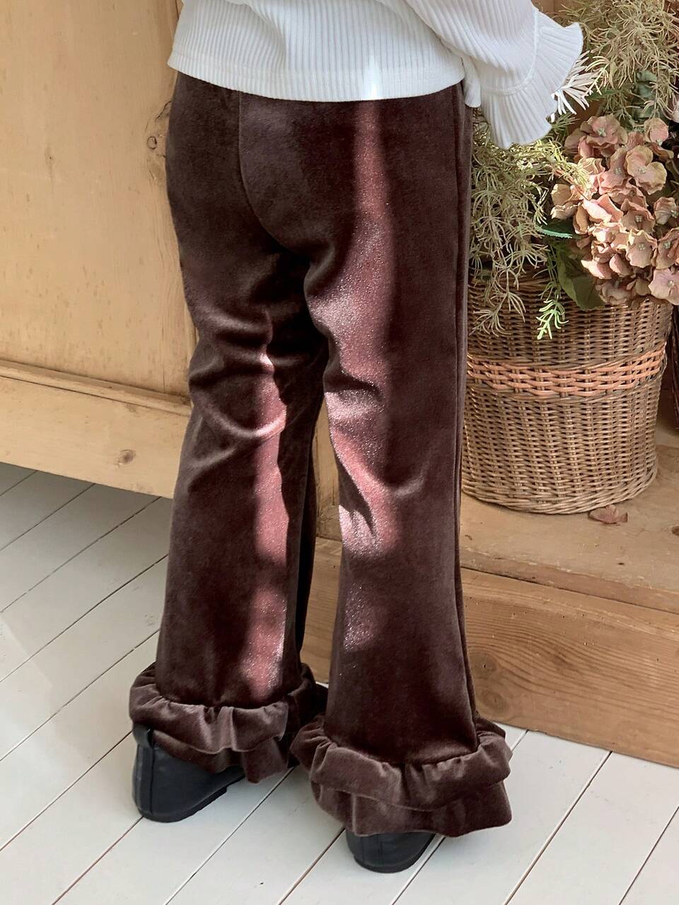 Young Girls Velvet Korean Style Casual Flared Ruffle Hem Pants, Autumn/Winter
