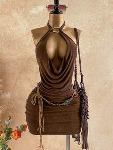 Soleia 春夏新款休闲度假西部海滩婚礼宾客礼服毕业早午餐连衣裙，圣帕特里克节春假复活节音乐节优雅波西米亚热带魅力金属串珠深V垂褶露背蝴蝶结吊带迷你连衣裙，女士 - 咖啡棕 - 查看 4