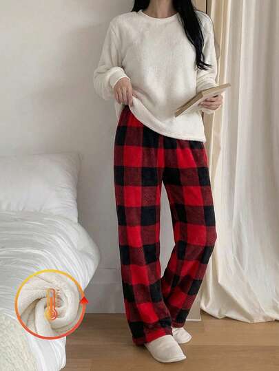 2 st/set flickbyxor med rund hals, långärmade byxor, vita dubbelsidiga flanelltoppar och rödrutigt, pälsmönster, tjockt pyjamasset