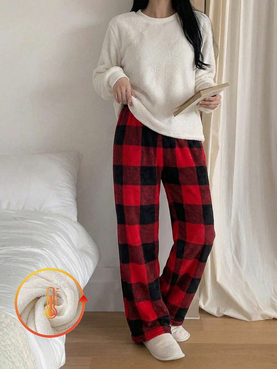 2件套女童圆领长袖长裤白色双面法兰绒上衣和红色格子毛绒图案印花加厚睡衣套装 - 彩色 - 查看 1
