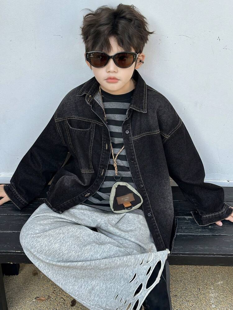 Tween Boy Dropped Shoulder Long Sleeve Single-Breasted Casual Loose Denim Jacket Spring