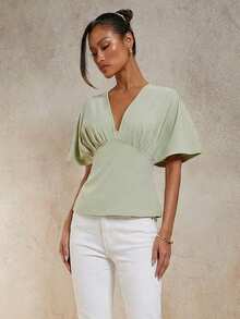 COSMINA V-Neck Raglan Sleeve Top, Elegant Ladies Blouse, Ruffle Detail, Mint Green Top, Graceful Office Wear, Versatile, Daily Wear - Mint Green - View 3