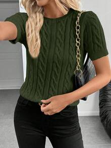 SHEIN Cottnline Blogger-Inspired Twist Rope Decor Round Neck Knit Sweater, Versatile For Autumn/Winter - Army Green - View 3
