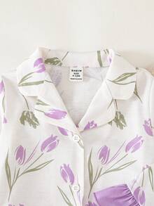 Set Piyama Lengan Panjang Rajut Kasual Lucu Motif Bunga Aprikot untuk Bayi Perempuan - Purple - View 5