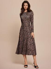 Leighera Women's Minimalist Daily Wear Leopard Print Long Sleeve Fall Long Dress Maxi Women Outfit - Multicolor - View 5