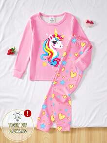 SHEIN Playful Pals Conjunto de pijama infantil para meninas, composto por blusa de manga comprida com estampa de unicórnio que brilha no escuro e calça legging com estampa de coração e estrela. Macio e confortável, perfeito para o outono. - Rosa - Ver 3