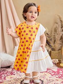 SHEIN Đầm tay ngắn họa tiết hoa nhiều màu dễ thương cho bé gái đi nghỉ mát - Màu vàng - Xem 6