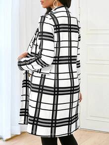 SHEIN Lady 秋冬季黑白格子连袖女式风衣，优雅时尚，女士冬季风衣系列，女士冬季外套，女士冬季外套，女士冬季风衣，女士冬季外套，格子感恩节女装，感恩节，感恩节女装 - 黑與白 - 查看 2