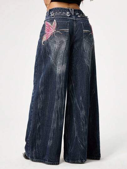 ROMWE Grunge Punk Spring Carnival Y2K Punk Style Butterfly Embroidered Vintage Distressed Loose Wide-Leg Jeans