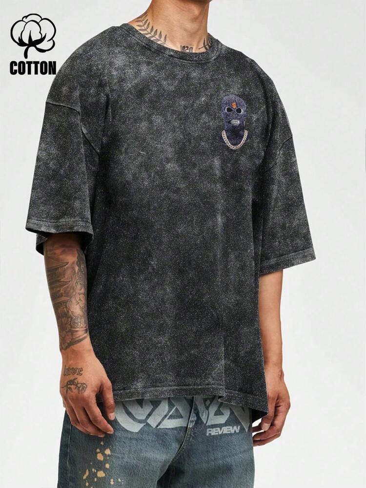 Men's Summer Casual Fit Casual T-Shirt With Water-Wash Care Label, Face Printed Round Neckline And Drop Shoulder Sleeves