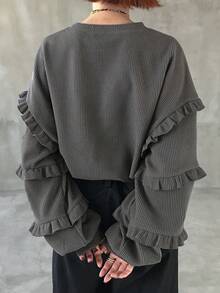 Áo thun dài tay nữ cổ tròn, thiết kế xếp nếp, phối ren, kiểu dáng thường ngày, đa năng, thích hợp đi làm, đi nghỉ mát. - màu đen - Xem 8