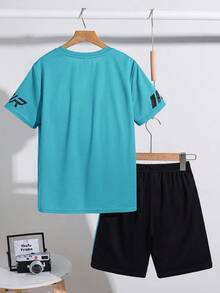 SHEIN 2pcs Tween Boy Splice Sports Textured Vertical Stripe Pattern Short Sleeve T-Shirt And Shorts Set - Multicolor - View 6