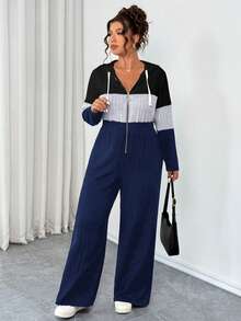 EMERY ROSE Plus Size V-Neck Ring Zipper Decor Long Sleeve Soft Knitted Ribbed Fuzzy Tricolor Contrast Splice Casual Jumpsuit, Home Jumpsuit - Multicolor - View 3