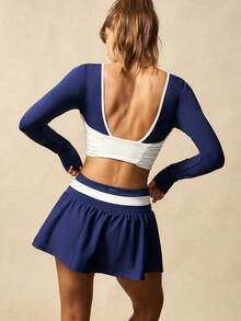 VARSIVA Women's Tennis Sets, Navy Blue And White Color-Blocked Long-Sleeved Mini Tennis Skirt Set, Backless Top, Suitable For Tennis, Gym, Yoga, Holiday, Casual, Spring, Summer, Autumn And Winter - Multicolor - View 9