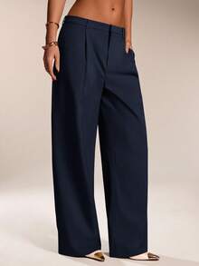 SHEIN Forever 21 女士纯色褶裥阔腿宽松休闲裤，适合工作和通勤穿着。 - 寶藍色 - 查看 6