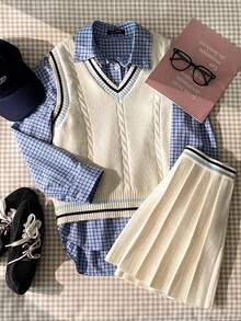 Muvela Áo vest dệt kim cổ chữ V phối sọc tương phản mới, bộ sưu tập Xuân/Hè 2026, có thể mặc riêng hoặc phối lớp, phong cách sinh viên. - Màu be - Xem 1