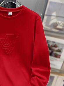 SHEIN 青少年男孩休闲宽松舒适百搭纯色压花图案圆领运动衫，适合上学和户外运动 - 紅色 - 查看 3