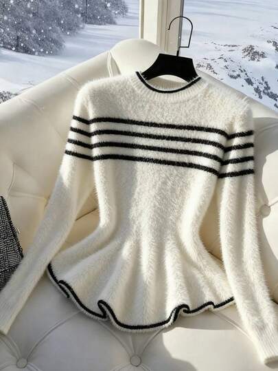 Franclia 女士秋冬毛衣，加厚仿貂毛套头衫，圆领撞色荷叶边针织上衣