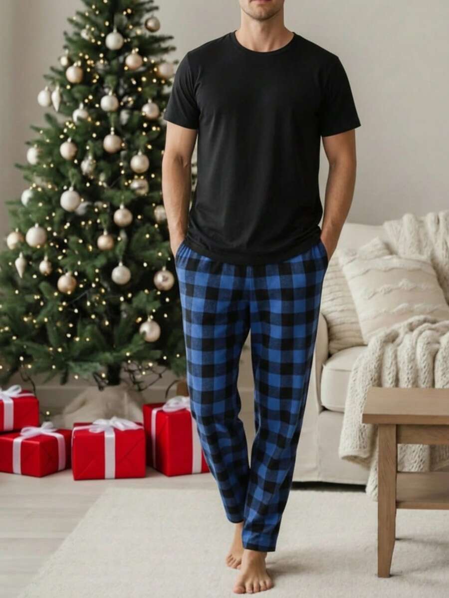 Conjunto de pijama con top de manga corta con estampado a cuadros y pantalón largo de dormir a cuadros con bolsillos para Hombre - Azul - Ver 1