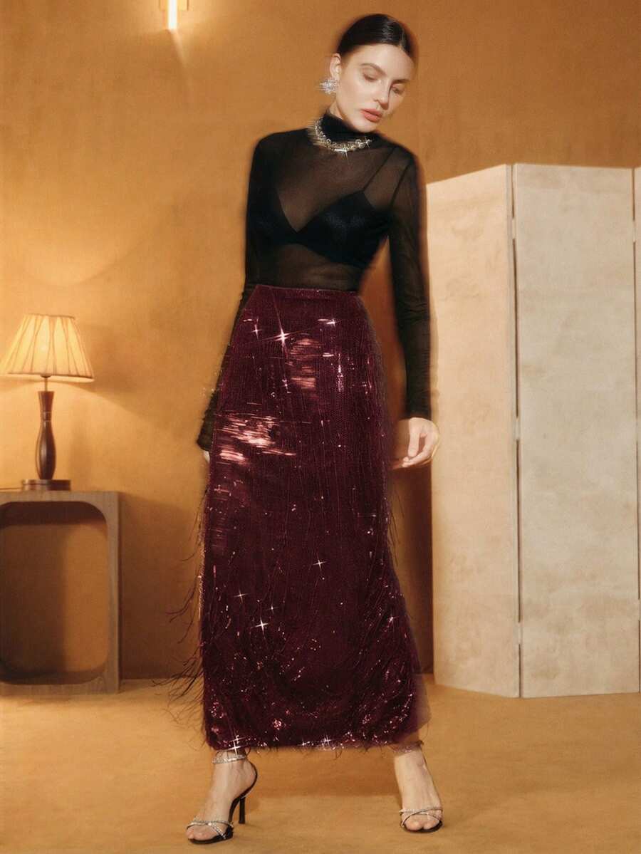 Anewsta Chân váy nữ mùa Thu/Đông mới, màu đỏ Angora cao cấp, thiết kế tua rua và đính sequin, chân váy dự tiệc cho mùa Thu, Đông, Xuân, Năm mới, tiệc tùng, đám cưới, sang trọng, thời trang, trang trọng, công sở, Lễ Tạ ơn, Lễ tốt nghiệp, Giáng sinh, lễ hội. - Màu Đỏ Sâu - Xem 1