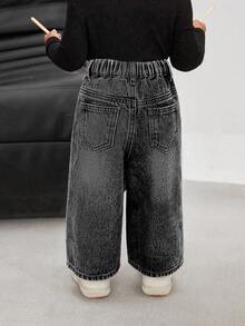SHEIN Bubblio Quần jean ống đứng dáng rộng màu xanh cổ điển cho bé gái - Rửa nhẹ - Xem 2
