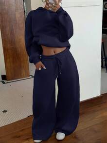 SHEIN EZwear 女士秋冬保暖连帽衫和宽松运动裤两件套，舒适百搭；女士阔腿裤两件套，休闲居家两件套，舒适百搭。 - 藏蓝色 - 查看 6