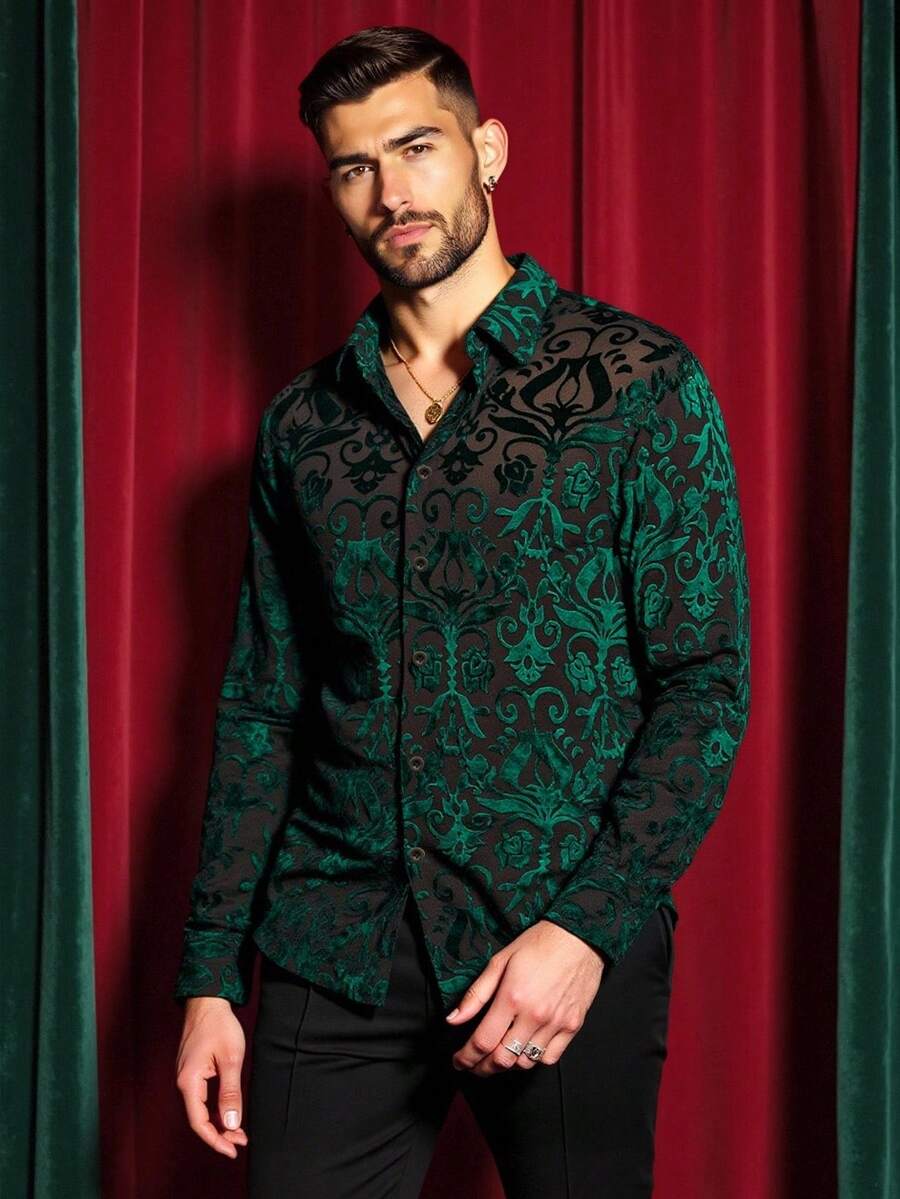 HIMLAND 男士商务通勤复古植绒衬衫，高弹力，长袖上衣 - 彩色 - 查看 1