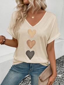EMERY ROSE Women's V-Neck Flared Cuff, Ombre Heart Print Casual Versatile T-Shirt, Spring/Summer - Apricot - View 3