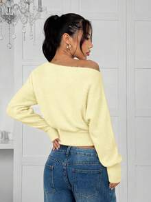 SHEIN EZwear 新款简约柔软可爱浅黄色毛衣，女士纯色不对称领休闲长袖套头衫，适合外出、万圣节、圣诞节和其他秋季场合。 - Butter Yellow - 查看 2