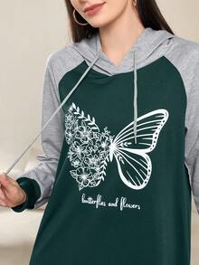 Mulvari Women's Letter & Butterfly Print Raglan Sleeve Drawstring Hooded Casual Sweatshirt Dress - Dark Green - View 6